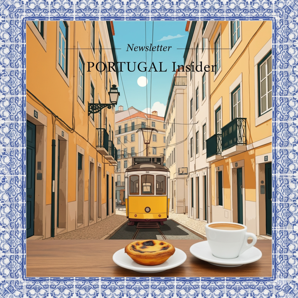 Illustration de la newsletter Portugal Insider avec un tramway jaune de Lisbonne, un pastel de nata, un café et un cadre en azulejos bleus.