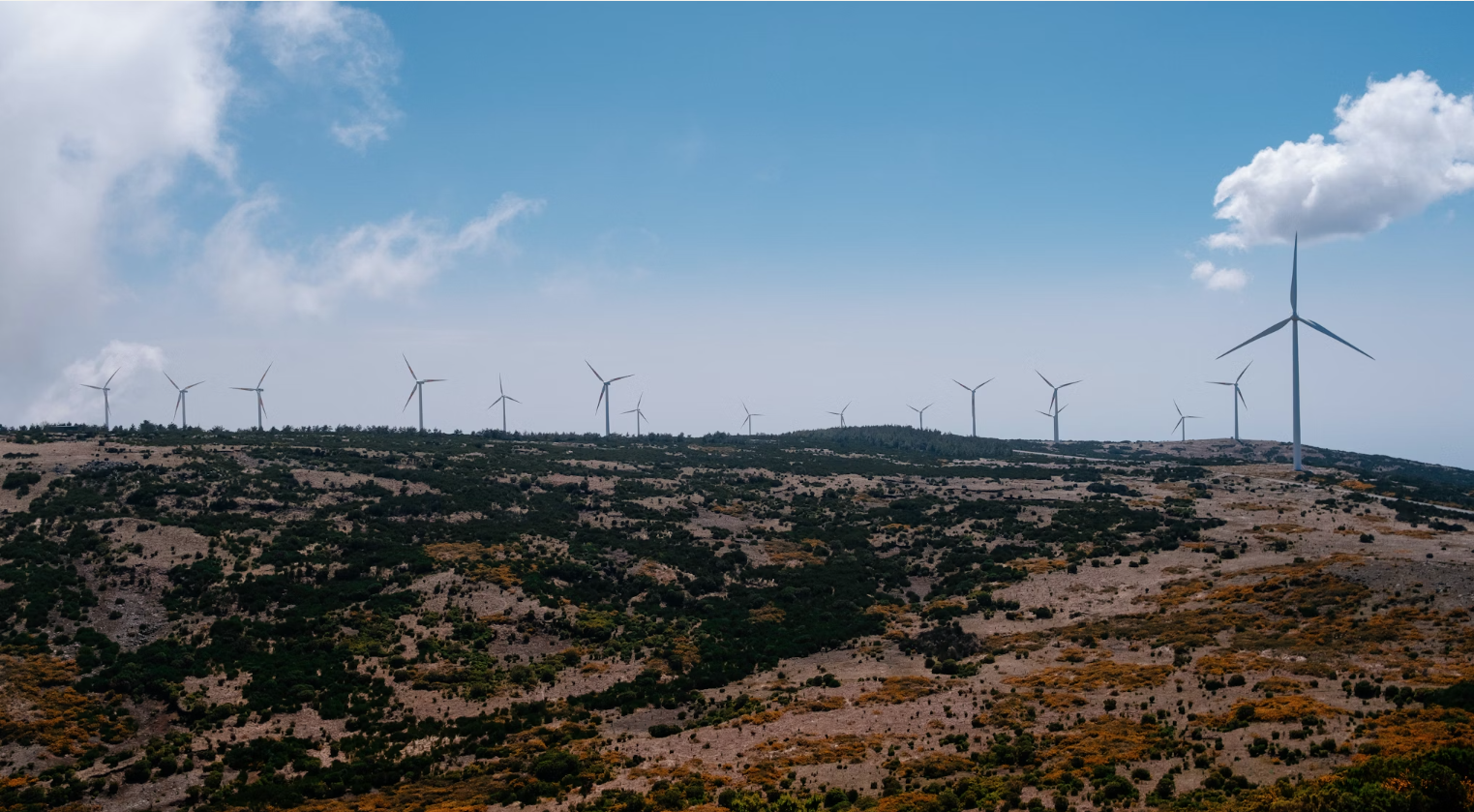 Panorama de turbines éoliennes alignées sur les crêtes portugaises