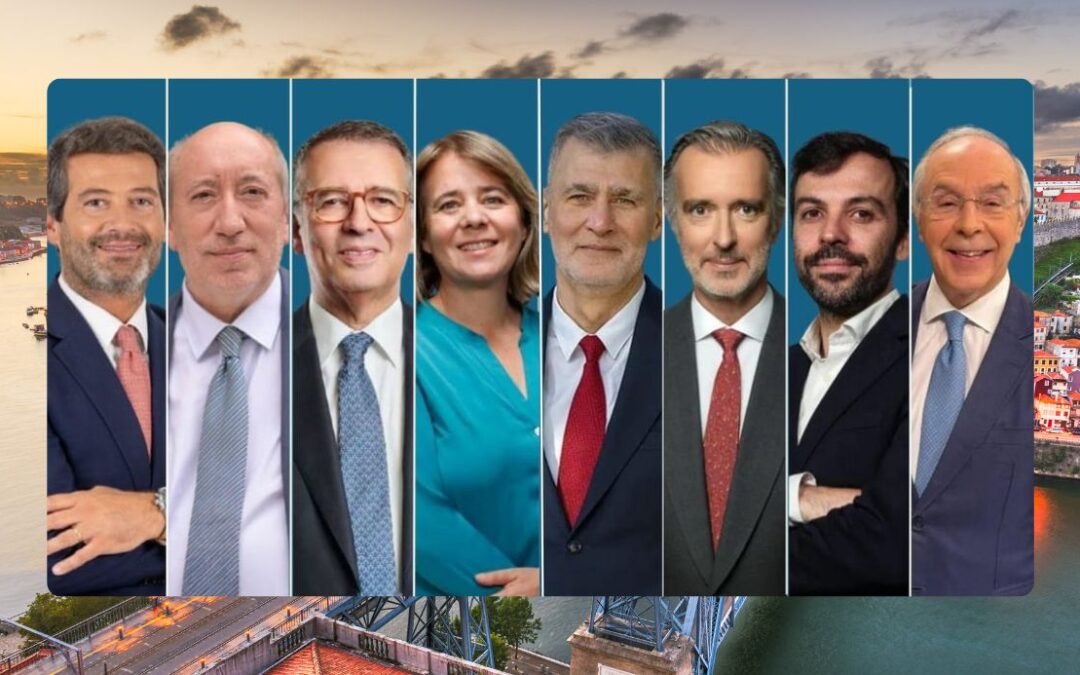 Montage des candidats à l'élection présidentielle portugaise 2026 devant le Pont Luis I de Porto, surplombant le fleuve Douro.