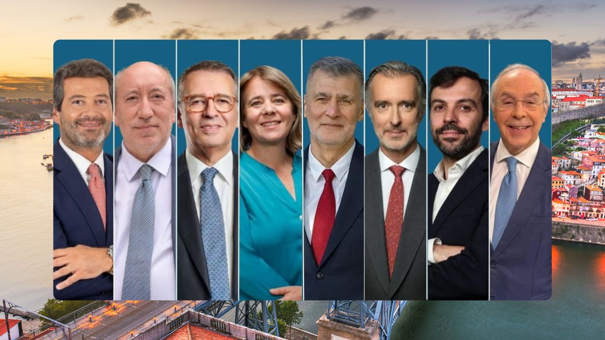 Montage des candidats à l'élection présidentielle portugaise 2026 devant le Pont Luis I de Porto, surplombant le fleuve Douro.