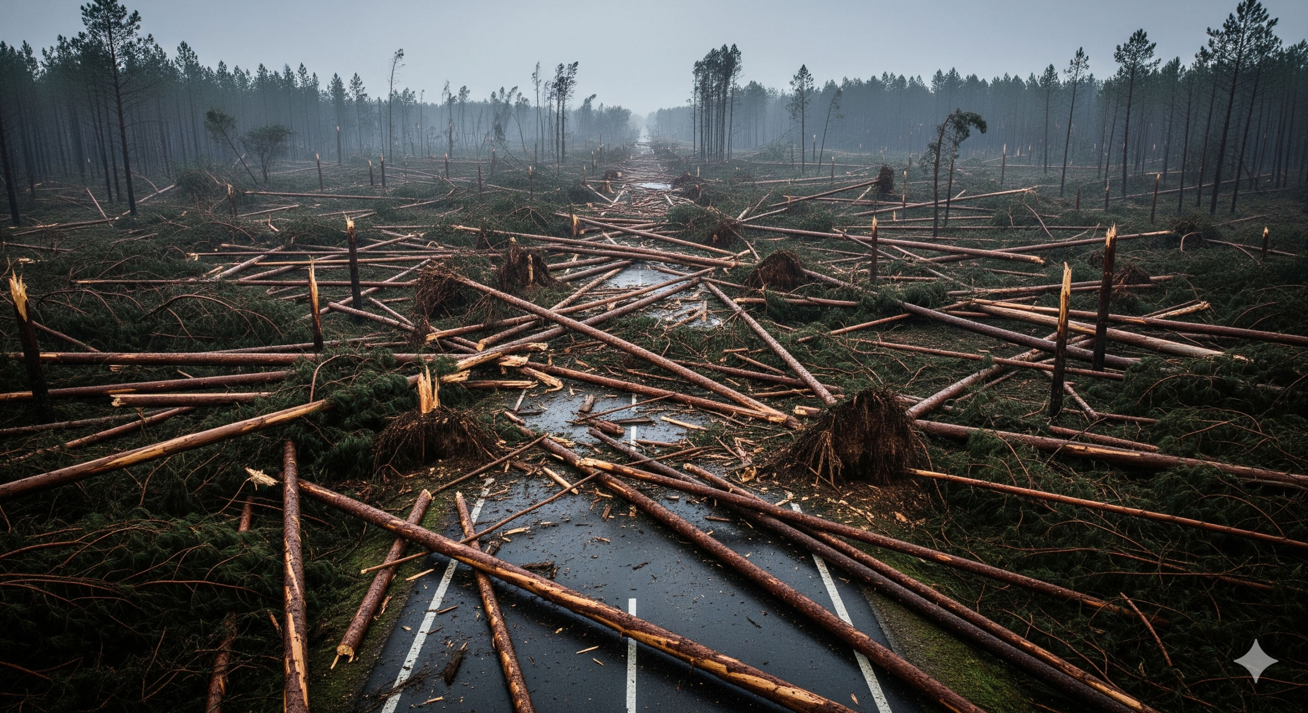 Vue aérienne d'une route forestière au Portugal totalement bloquée par des centaines de pins déracinés et brisés après le passage de la tempête Kristin.