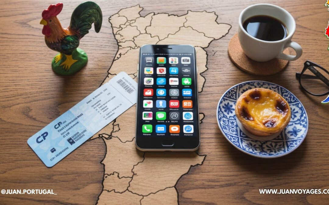 Smartphone affichant des icônes d'applications sur une table en bois avec un pastel de nata, un café et un ticket de train CP au Portugal.