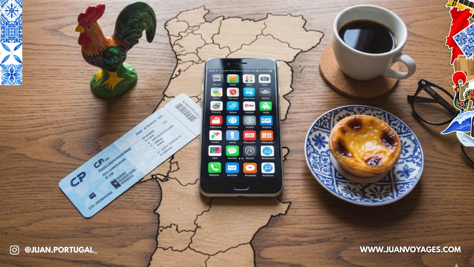 Smartphone affichant des icônes d'applications sur une table en bois avec un pastel de nata, un café et un ticket de train CP au Portugal.
