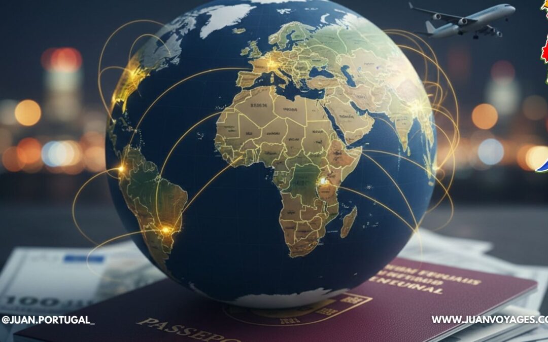 Globe terrestre avec des lignes de connexions lumineuses entre les continents, un avion en plein vol à droite, le tout posé sur un passeport portugais rouge.