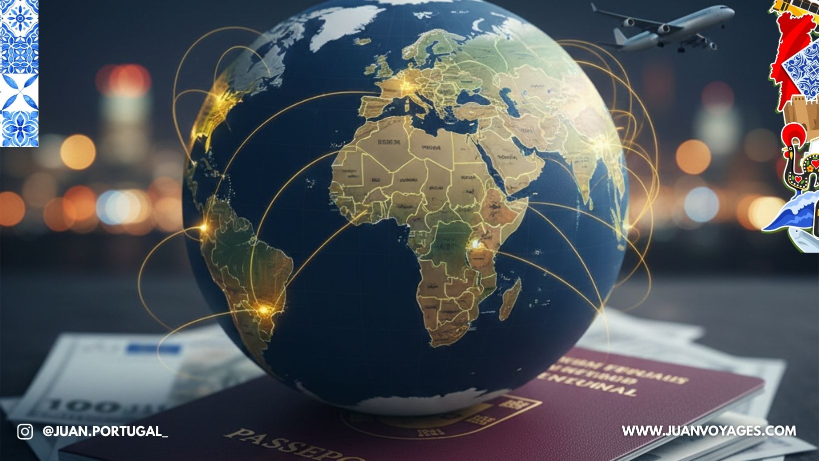 Globe terrestre avec des lignes de connexions lumineuses entre les continents, un avion en plein vol à droite, le tout posé sur un passeport portugais rouge.