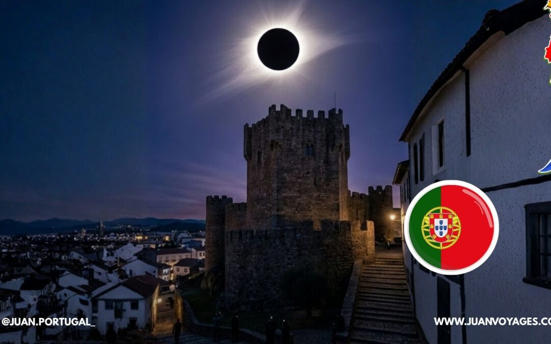 Illustration d'une éclipse solaire au-dessus de Lisbonne, avec ses maisons blanches typiques et le château de São Jorge sur la droite, sous un ciel de fin d'après-midi en août 2026.