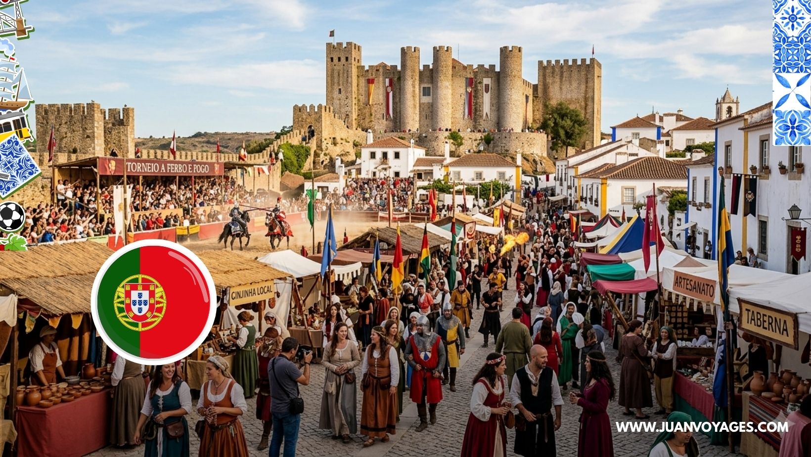econstitution d'un tournoi de chevaliers et marché artisanal au pied du château médiéval d'Óbidos au Portugal.
