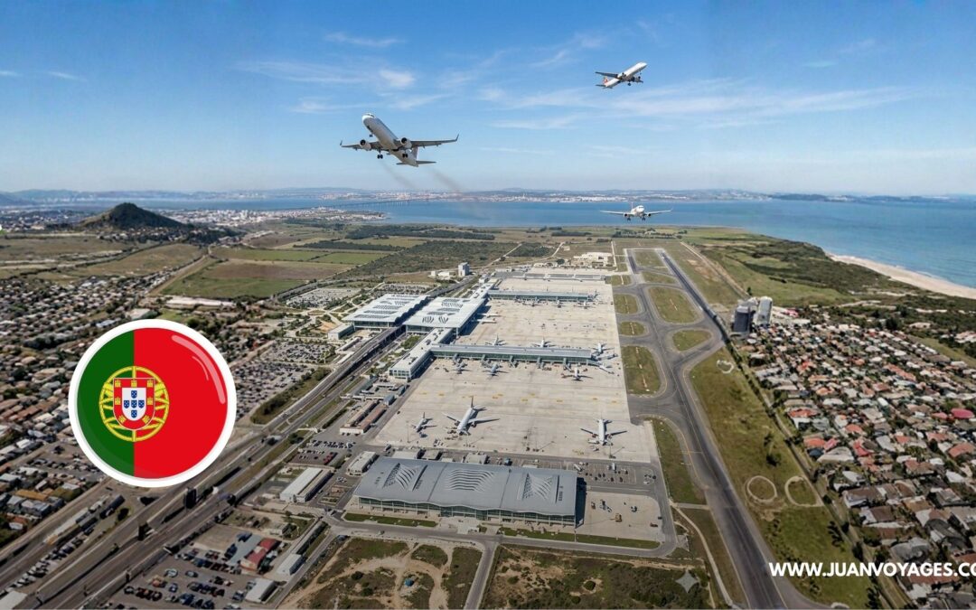 Vue aérienne d'artiste du futur aéroport de Lisbonne à Alcochete, montrant des terminaux modernes en verre, plusieurs pistes d'atterrissage et des infrastructures de transport durable au bord du Tage.