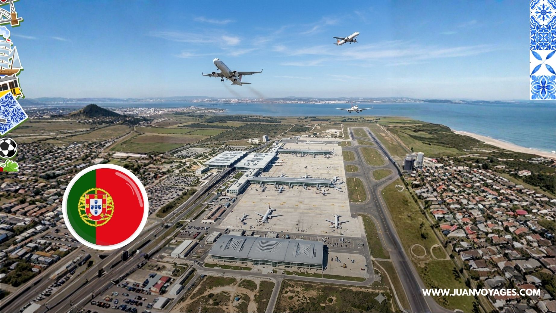 Vue aérienne d'artiste du futur aéroport de Lisbonne à Alcochete, montrant des terminaux modernes en verre, plusieurs pistes d'atterrissage et des infrastructures de transport durable au bord du Tage.